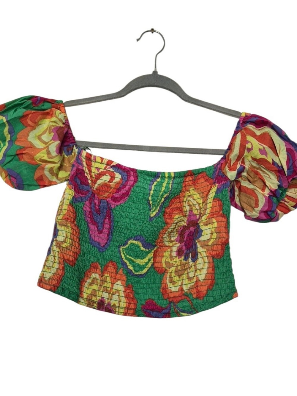 GB Gianni Bini Green Floral Smocked Puff Sleeve Crop Top Size L NWT